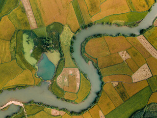 Aerial view of a winding river cutting through patchwork fields with various shades of green and brown. Phong Nam, Tr˘ng Kh·nh District, Cao Bang, Vietnam