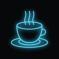 Blue neon sign of a steaming hot cup of coffee on a saucer, perfect for cafe, restaurant, or diner