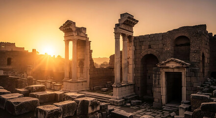 Ancient ruins at sunset with columns and stone blocks evoking historical significance and decay of time ai generated
