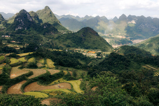 Rolling green hills with terraced fields against a backdrop of jagged mountain peaks. Nguy&Iacute;n B&Iuml;nh District, Cao Bang, Vietnam