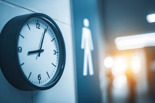 Clock and restroom sign in hallway symbolizing urgency time management and health awareness