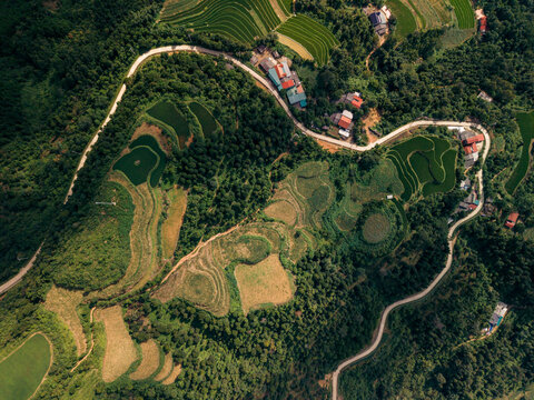 Aerial view of lush green terraced fields and winding road in a rural landscape. Loc B&Iuml;nh District, Lang Son, Vietnam 
