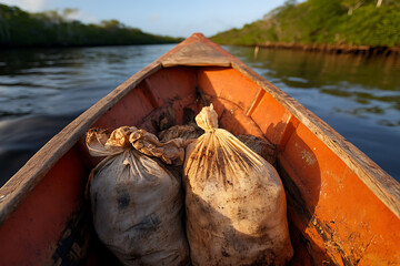 Navigating serene waters by boat, hauling earthy sacks in the rustic orange vessel, under the clear sky. Lush green riverbanks enhance the tranquil travel experience.