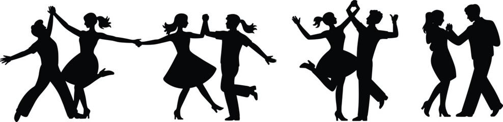Flat vector silhouette of dancing couples in various poses, expressive movement, social interaction, rhythm, coordination, dance styles, energetic illustration