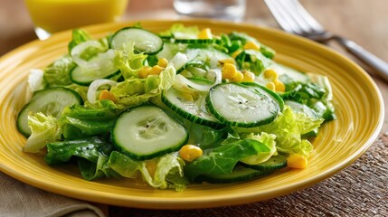 Fresh Green Salad with Cucumbers and Corn Served on Yellow Plate