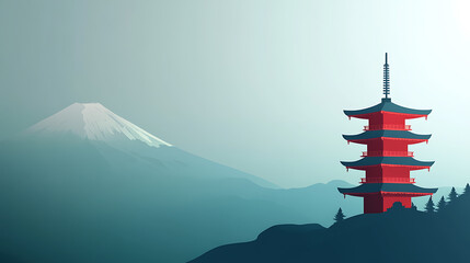 Iconic Japanese landscape featuring a vibrant red pagoda standing tall against a backdrop of misty mountains, serene skies, and the majestic, snow-capped peak in the horizon.