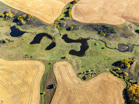 Aerial view of fields and ponds with winding patterns in rural landscape. Southwest of Calgary, Canada