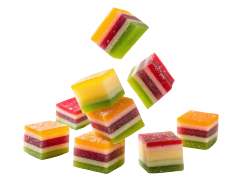 Cheerful stack of colorful layered jelly candy cubes falling. sweet, delightful dessert snack with fruit flavor isolated from background