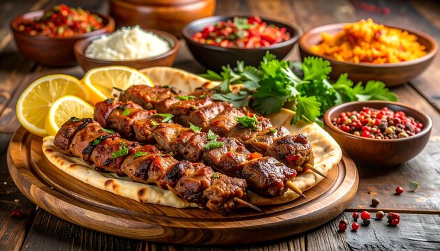 Delicious Grilled Meat Skewers with Fresh Lemon and Side Dishes