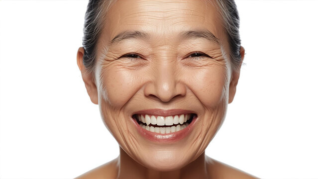 Joyful senior Asian woman with wrinkles, gray hair, and radiant smile in studio light