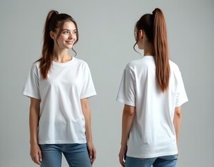 Young female in white t-shirt, jeans presents front, back views. Woman poses in casual clothes outfit. Modern style, trendy look, apparel, unisex fashion, studio shot. Mockup for design template.