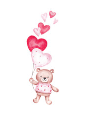 Valentines day illustration. Cute brown bear with balloons, pink, red hearts.  Romantic design hand painted with watercolor. For Valentine card, banner, invitation