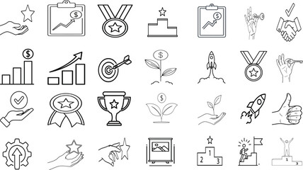 Business Success and Achievement Icons Set – Line Art Vector of Growth, Trophy, Target, Rocket, and Reward Symbols