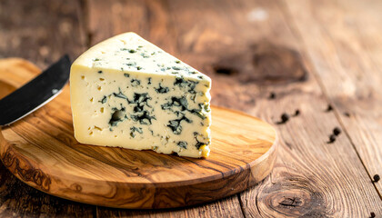 Slice of artisan blue cheese on wooden cutting board with cheese knife, fresh dairy from local farm