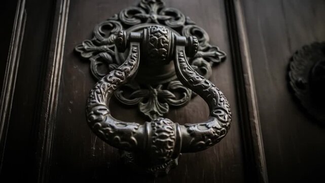 Ornate Door Knocker on Dark Wood Door, Close-Up Detail Video