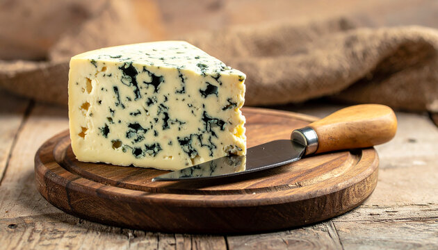 Slice of artisan blue cheese on wooden cutting board with cheese knife, fresh dairy from local farm