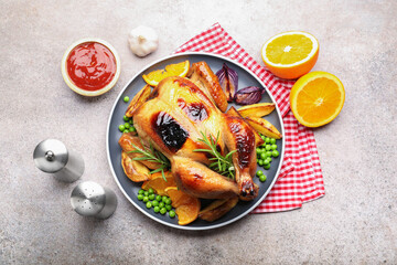 Tasty grilled chicken with rosemary and vegetables on grey table, flat lay