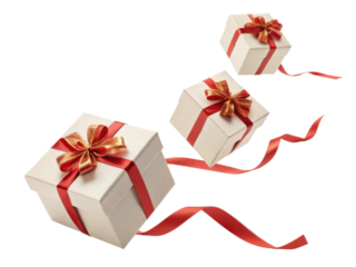 Festive floating white gift box present for happy celebration surprise. An elegant red ribbon and bow for special holiday occasion