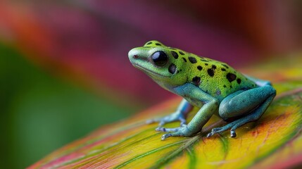 Fototapeta premium Green and Blue Poison Dart Frog on Colorful Leaf Macro Shot