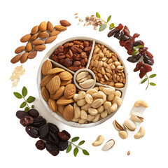 Assortment of nuts and dried fruits healthy snack mix in a round tray isolated on white