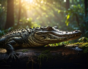 Fototapeta premium A fierce alligator with sharp teeth rests atop a fallen, wet log in a dense forest. Its powerful body blends with the wild surroundings, creating a dramatic scene of raw nature and silent strength