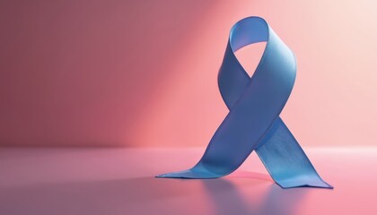 Blue awareness ribbon rests on pink surface. This symbol represents hope, support for various causes. It can signify health campaigns, solidarity for those fighting illness or promoting wellness.