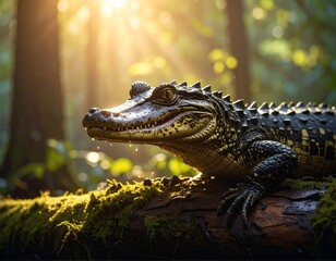 Obraz premium A fierce alligator with sharp teeth rests atop a fallen, wet log in a dense forest. Its powerful body blends with the wild surroundings, creating a dramatic scene of raw nature and silent strength