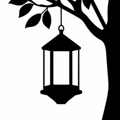 Silhouette image of a hanging lantern from a tree branch and leaves