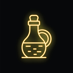 Glowing neon line olive oil bottle icon sign with a black background