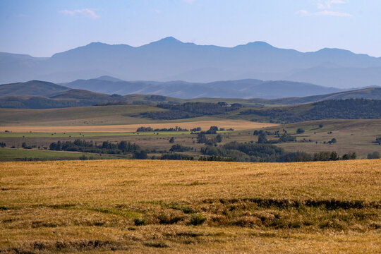 Rolling hills and mountains under a clear blue sky with layered distant horizons. Waterton Lakes National Park, Alberta, Canada