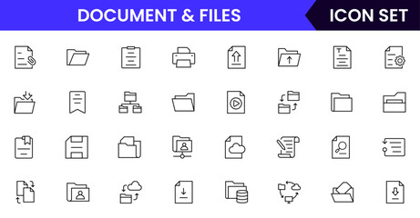 Document files vector web line icon collection, sleek illustrations of files, folders, archives, digital tools for organized, efficient designs.