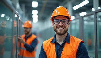 Two factory workers assemble aluminium window frames. One man wears hard hat glasses, safety vest smiling for camera. Worker checks glass pane in workshop. Production line creates building materials.