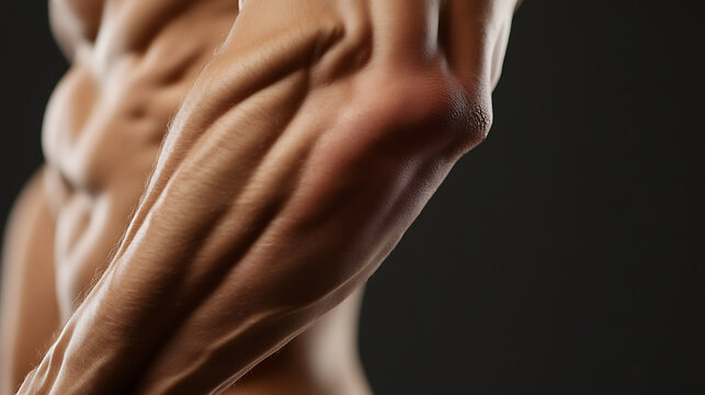 Close-up of muscular arm showcasing definition and vascularity, symbolizing strength and fitness. The arm's sinewy form against a dark backdrop highlights muscle tone and power.