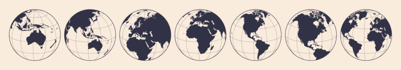 Globe, map, North South America, Africa, Europe Oceania, Australia, Asia. Earth globe with continents. Europe, Asia America Oceania globe set. Map globe sign, symbol circle. Vector Illustration