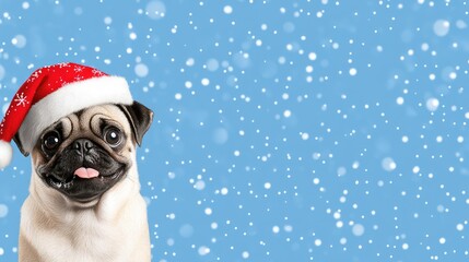 A cheerful pug in a Santa hat enjoys the winter season with a big smile against a snowy blue background, perfect for festive designs