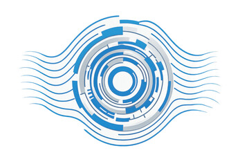 Digital eye scanner with abstract technological elements, representing security, cybernetics, and advanced data processing