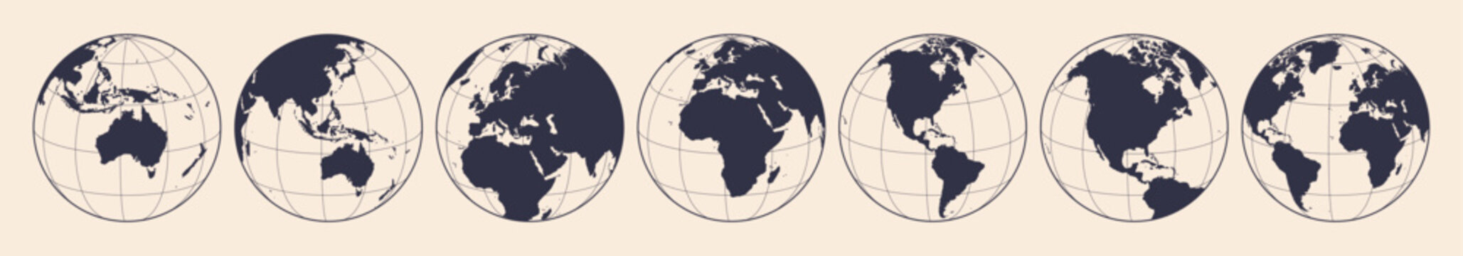 Globe, map, North South America, Africa, Europe Oceania, Australia, Asia. Earth globe with continents. Europe, Asia America Oceania globe set. Map globe sign, symbol circle. Vector Illustration