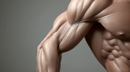 Close-up of muscular arm and chest showcasing detailed muscle striations and contours against a neutral background, highlighting anatomical structure and fitness.