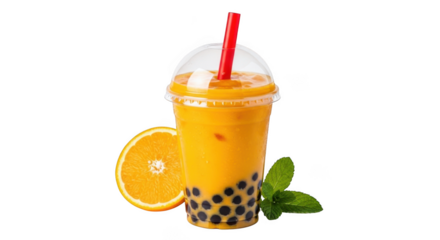 Mango boba tea with orange slice isolated on transparent background