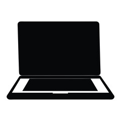 Sleek minimalist illustration of an open laptop computer in black silhouette