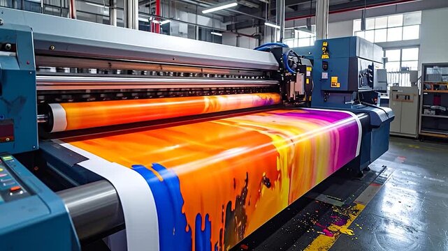 A large format printer in action, producing a vibrant, colorful abstract design