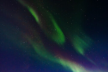 Northern lights illuminate a starry night sky with vibrant green hues and scattered stars. Hudson Bay, Churchill, Manitoba, Canada