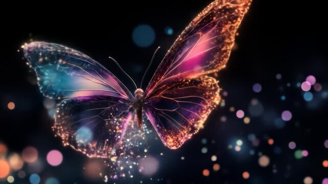 Shimmering, ethereal butterfly with glowing, particulate wings against dark, bokeh background