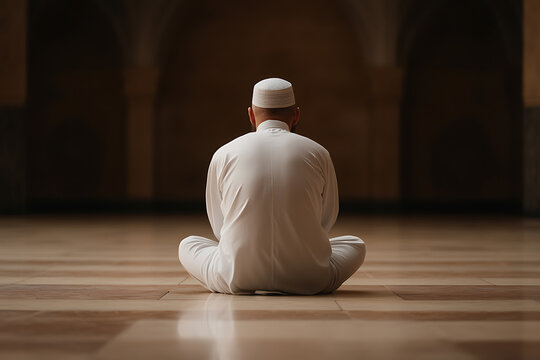 A person meditating in a serene space, seated in a cross-legged position with back to the camera, wearing white attire and a cap, creating a peaceful atmosphere and spiritual connection. - Powered by Adobe