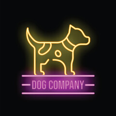 Bright yellow neon sign illustrating a dog company logo with the canine silhouette above the company name