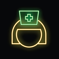 Glowing neon line icon of a nurse wearing a medical hat with a cross, representing healthcare professionals