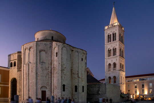 Church  of St Donatus with a tall bell tower silhouetted against a twilight sky, Zadar, Croatia.