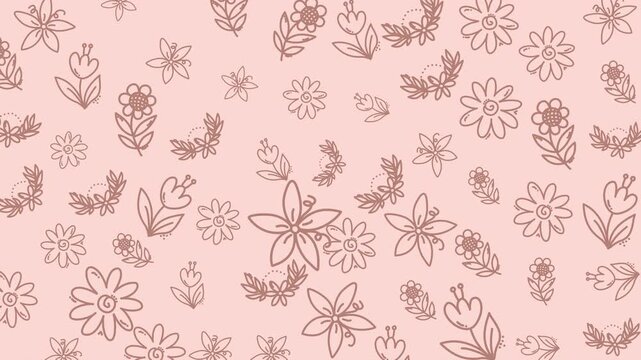 Floral Seamless Pattern With Soft Pink Background Delicate Line Art Of Blossoms And Leaves And Foliage
