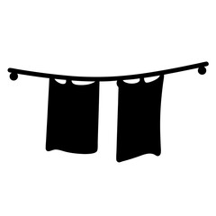 Minimalist illustration of a short curtain hanging from a rod with knobs