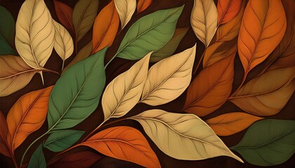 painting of leaves with a brown background the leaves are in various shades of brown green and orange